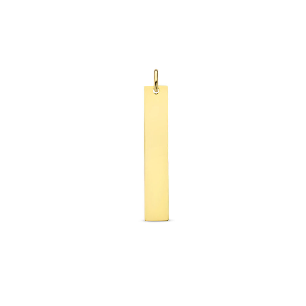 De graveerhanger 14K geelgoud van Van der Kooij Collectie is een eenvoudige rechthoekige hanger met gladde randen en een kleine lus, ideaal als stijlvolle dameshanger. Geleverd op een effen witte achtergrond.