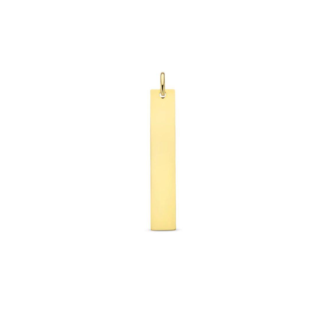 De graveerhanger 14K geelgoud van Van der Kooij Collectie is een eenvoudige rechthoekige hanger met gladde randen en een kleine lus, ideaal als stijlvolle dameshanger. Geleverd op een effen witte achtergrond.