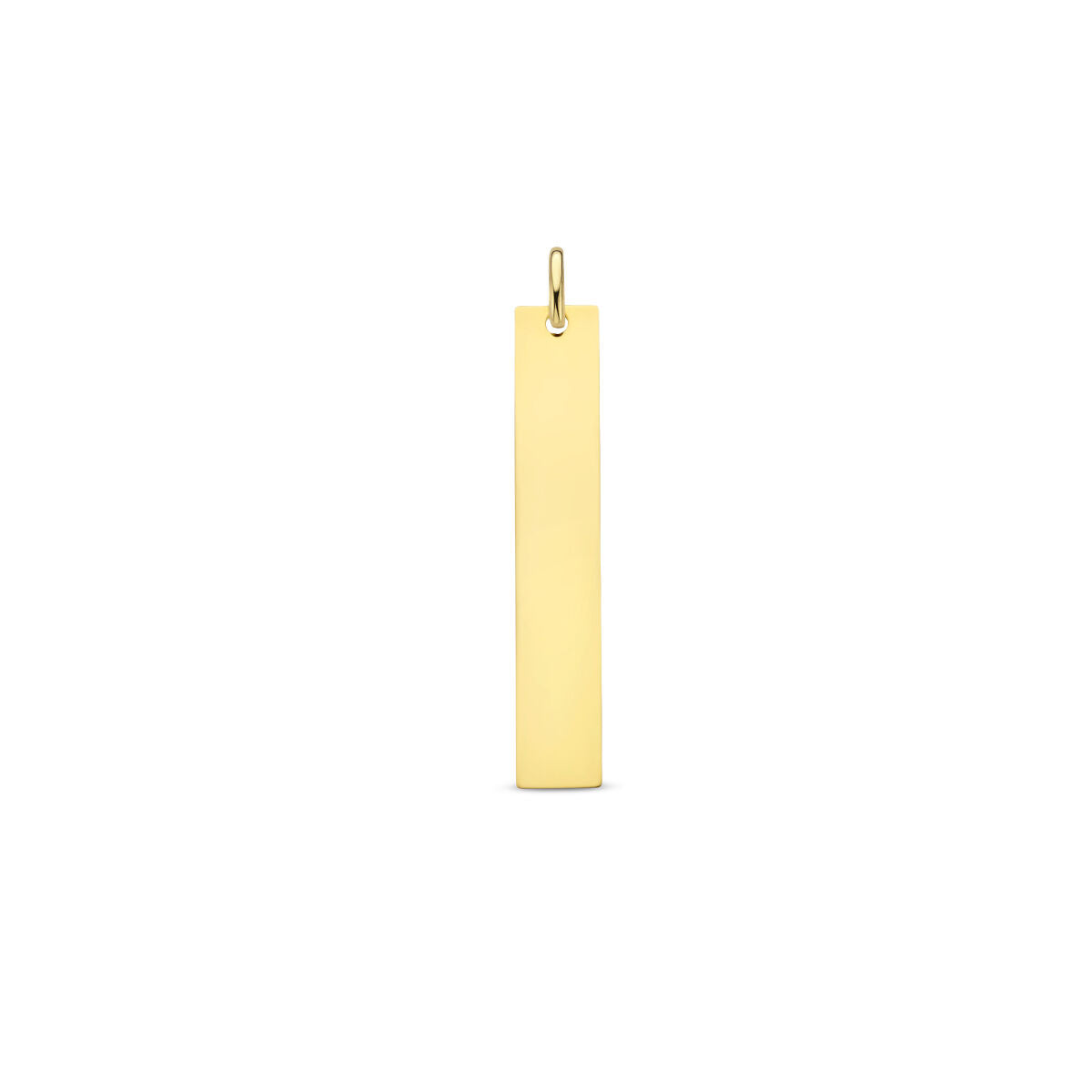 De graveerhanger 14K geelgoud van Van der Kooij Collectie is een eenvoudige rechthoekige hanger met gladde randen en een kleine lus, ideaal als stijlvolle dameshanger. Geleverd op een effen witte achtergrond.