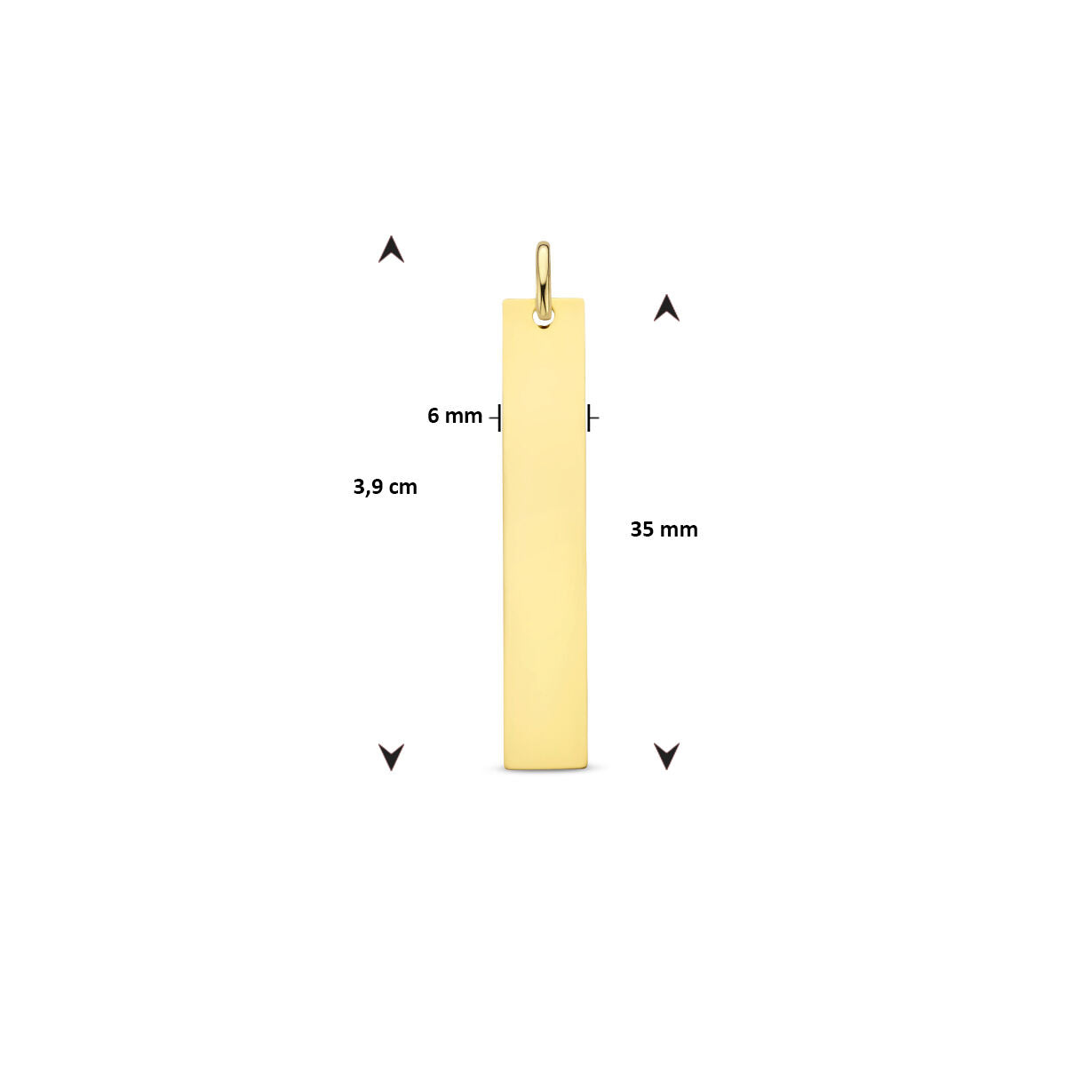 De Van der Kooij Collectie graveerhanger 14K geelgoud is een rechthoekige hanger met een kleine bovenlus, van 3,9 cm lang, 6 mm breed en 35 mm hoog, weergegeven op een witte achtergrond met maatlabels en pijlen.