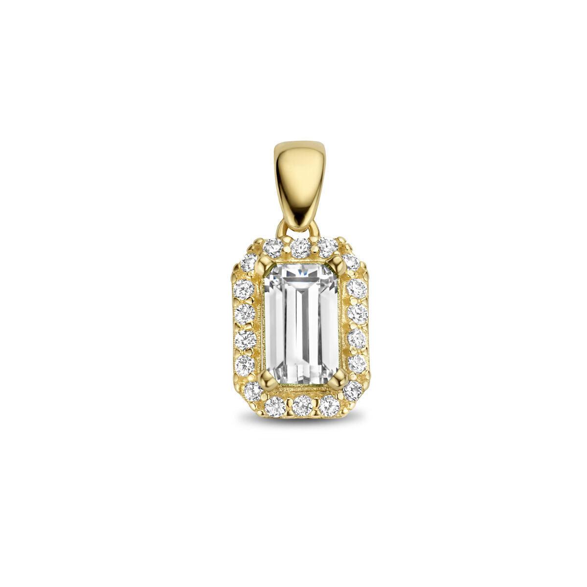 Hanger van 14K geelgoud met een centrale zirkonia in halo-vorm, omringd door kleine zirkonia's.