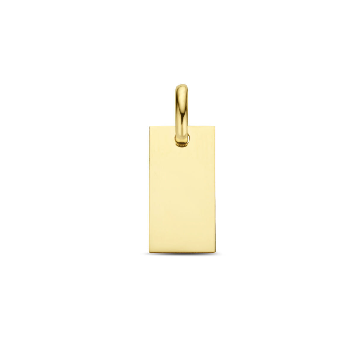 Rechthoekige graveerhanger van 14K geelgoud met een gladde afwerking.