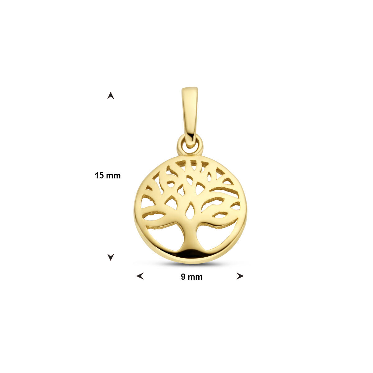 De hanger levensboom 14K geelgoud uit de Van der Kooij Collectie heeft een uitgesneden levensboom ontwerp in ronde omlijsting, meet 15 mm x 9 mm en straalt elegantie uit. Prachtig gefotografeerd op een witte achtergrond.