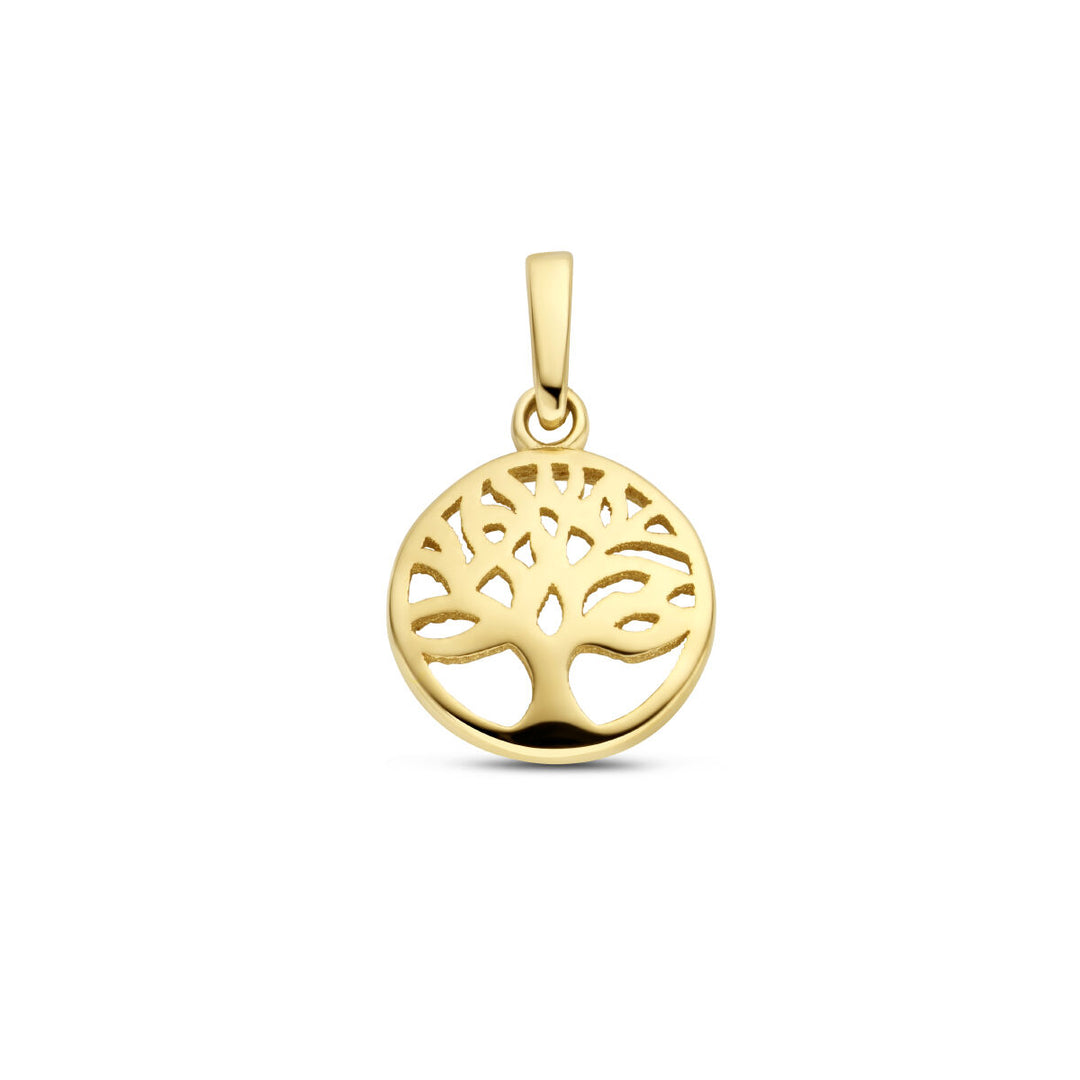De hanger levensboom 14K geelgoud uit de Van der Kooij Collectie is een elegant dames sieraad in de vorm van een ronde schijf met uitgesneden, sierlijke takken en vol symboliek.