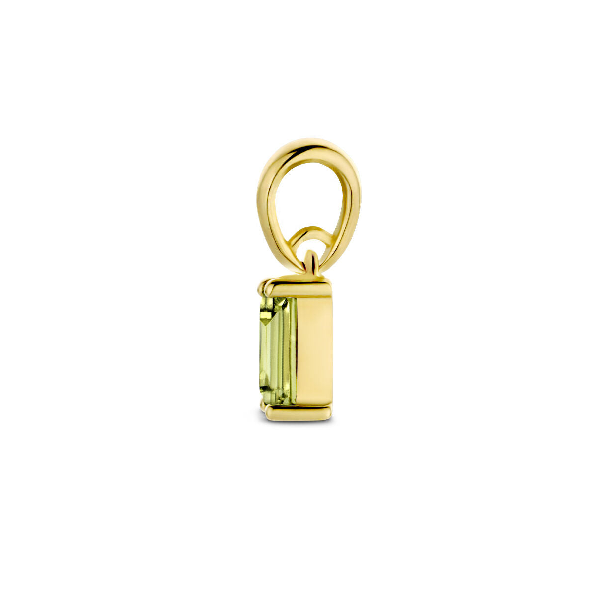 Zijaanzicht van de Van der Kooij Collectie hanger met geboortesteen 14K geelgoud, met een rechthoekige peridoot in een strak gouden frame met een bovenste lus, weergegeven tegen een effen witte achtergrond.