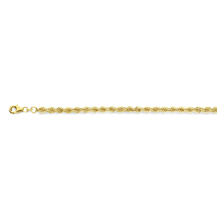 De Van der Kooij Collectie koord 4,4 mm 14K geelgoud unisex armband met karabijn sluiting is horizontaal afgebeeld op een witte achtergrond.