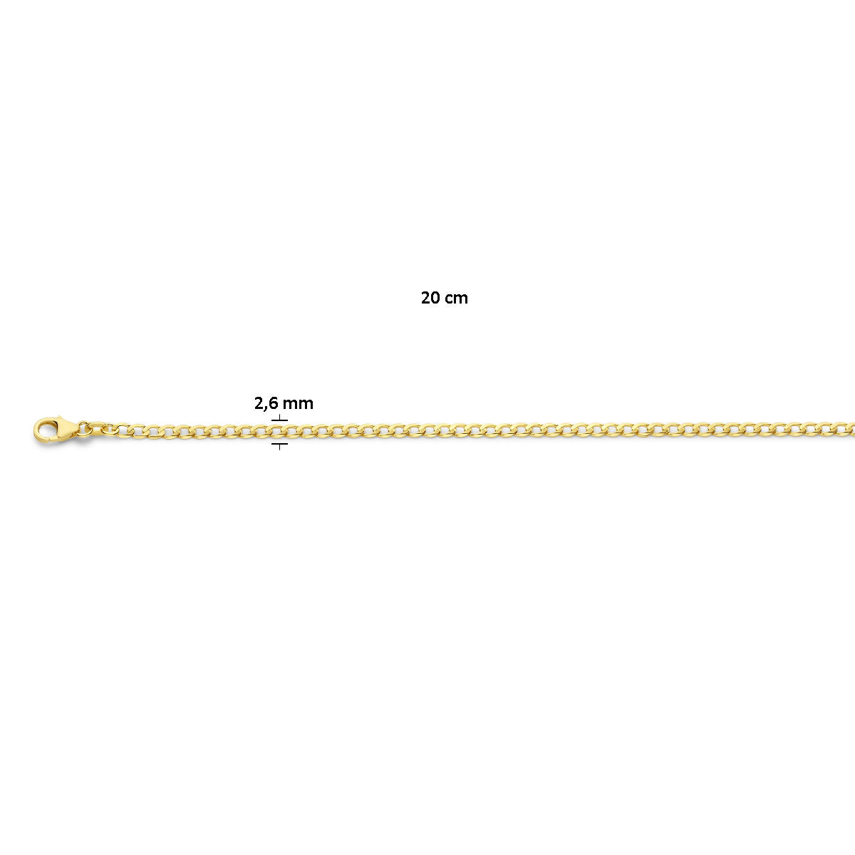 De Van der Kooij Collectie gourmette 6-zijdes geslepen 2,6 mm 14K geelgoud armband is plat neergelegd afgebeeld, is 20 cm lang en 2,6 mm breed, en heeft een karabijn sluiting aan één uiteinde.