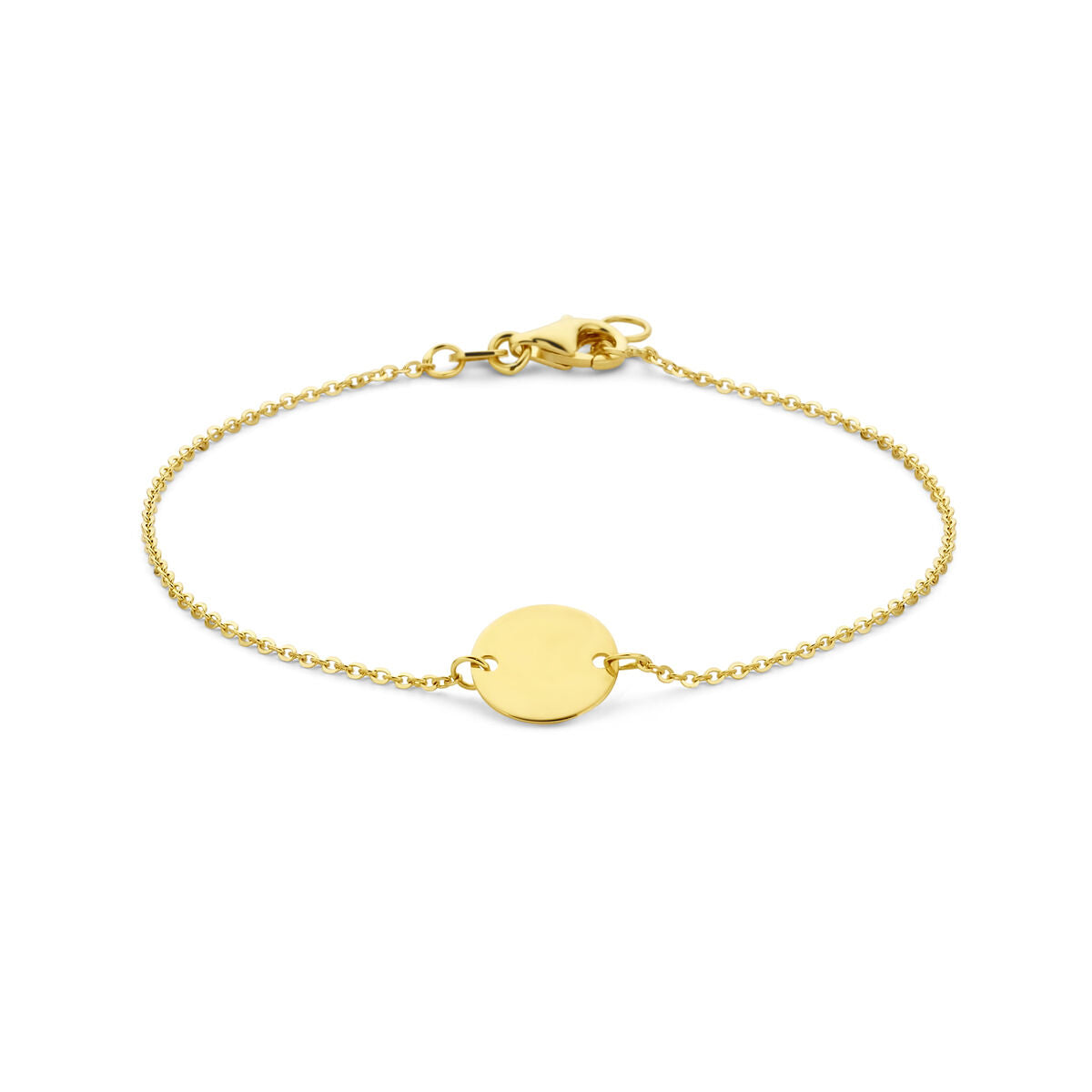 Bransoletka z okrągłym wisiorkiem, wykonana z 14K żółtego złota, o długości 17-18,5 cm.