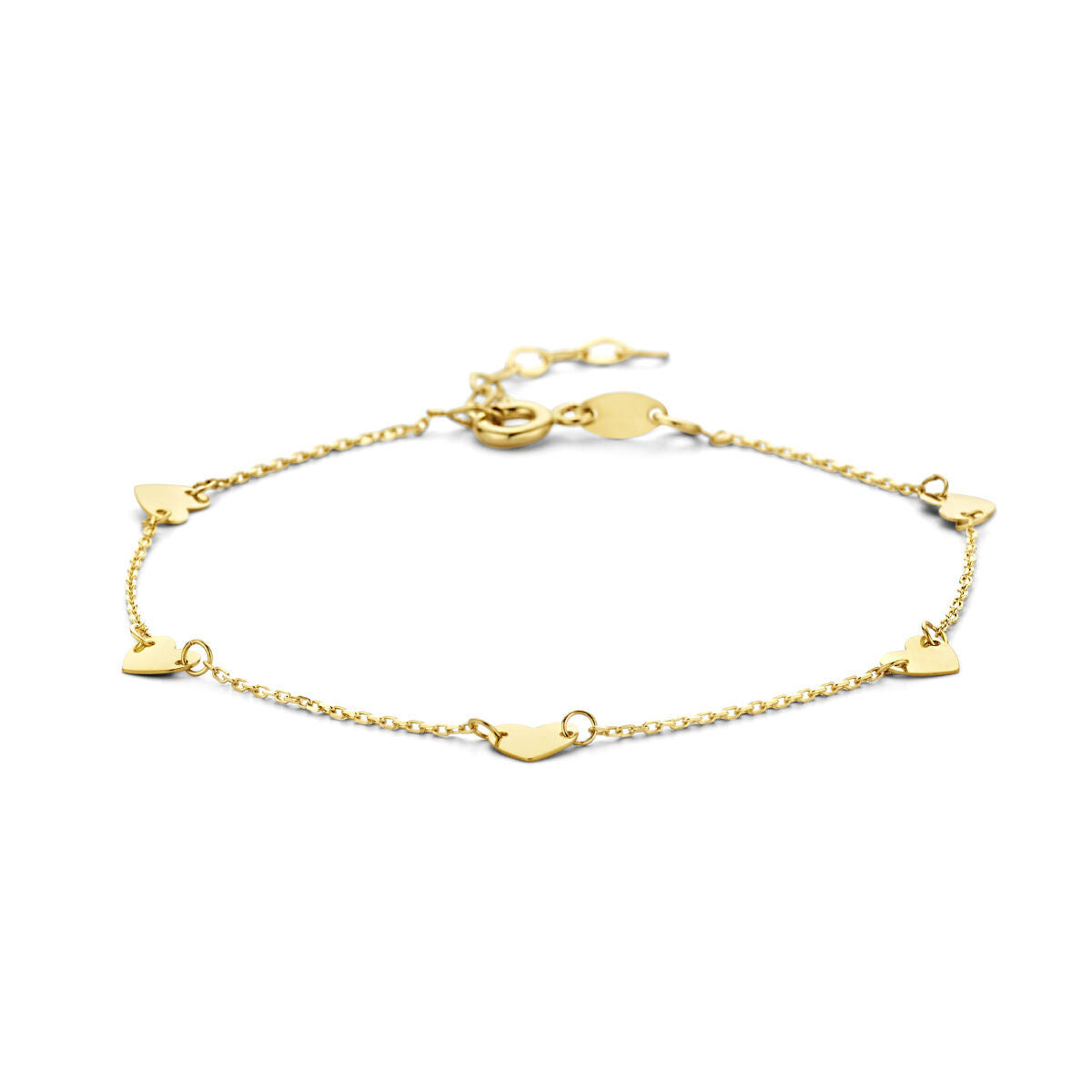 Bransoletka z serduszkami z 14K żółtego złota, o długości 16,5 - 18,5 cm.