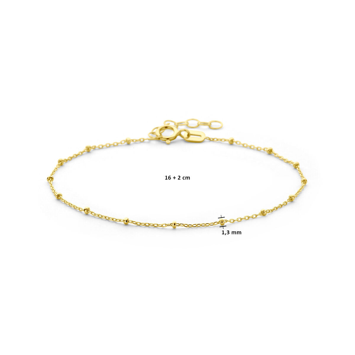 De Van der Kooij Collectie armband bolletjes is een delicate 14K geelgouden armband met bolletjes, een dunne ketting van 1,3 mm dik en een verstelbare lengte van 16 + 3 cm met extra schakels en karabijnsluiting.