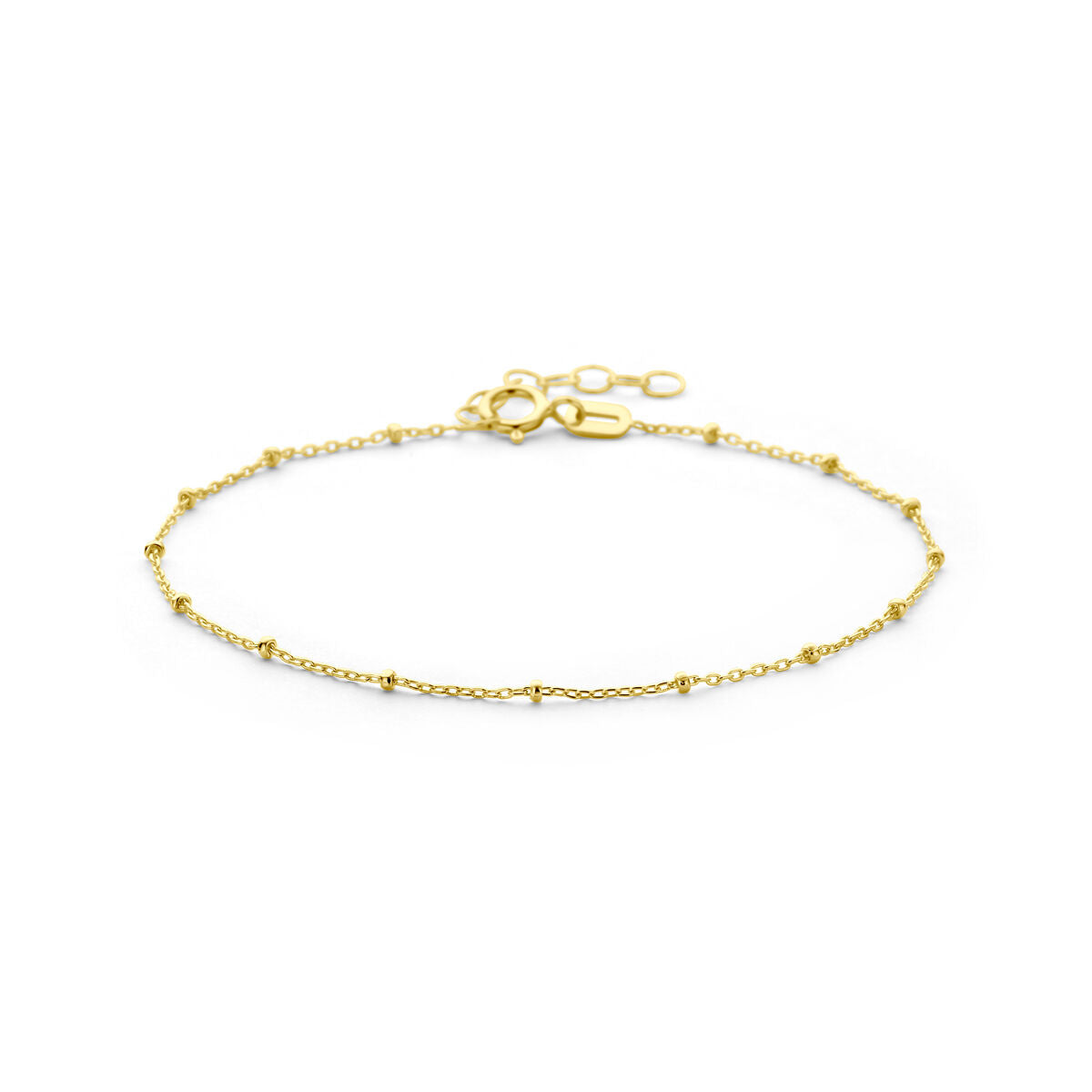 Bransoletka z 14-karatowego żółtego złota, o długości 16 + 3 cm, z małymi kuleczkami o średnicy 1,3 mm.