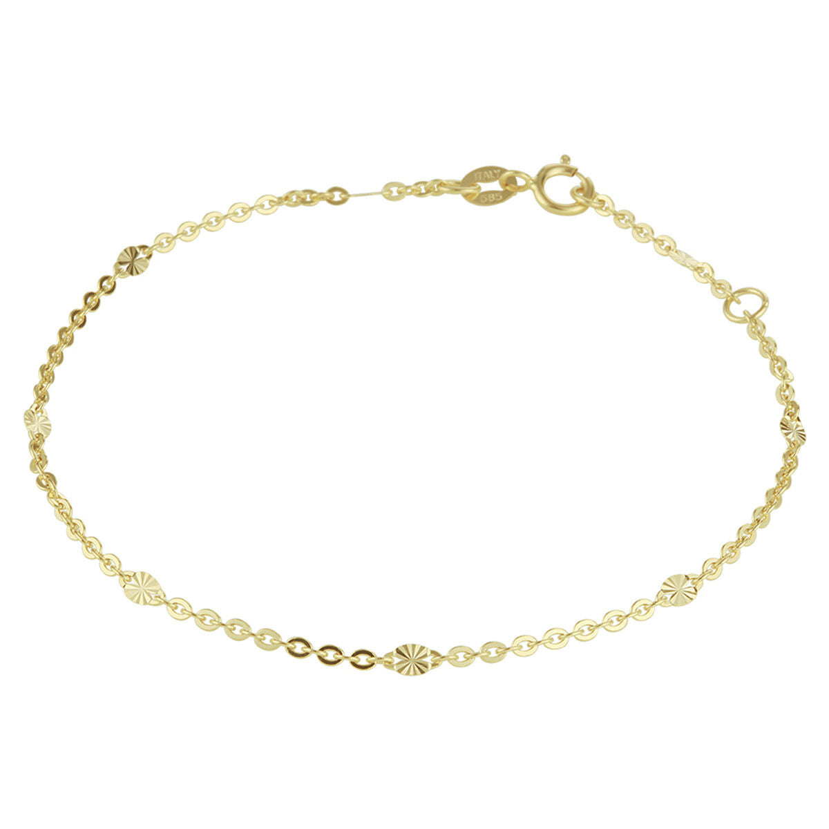 Bransoletka z 14K żółtego złota o grubości 1,5 mm, długość 16-18 cm, z ozdobnymi elementami.