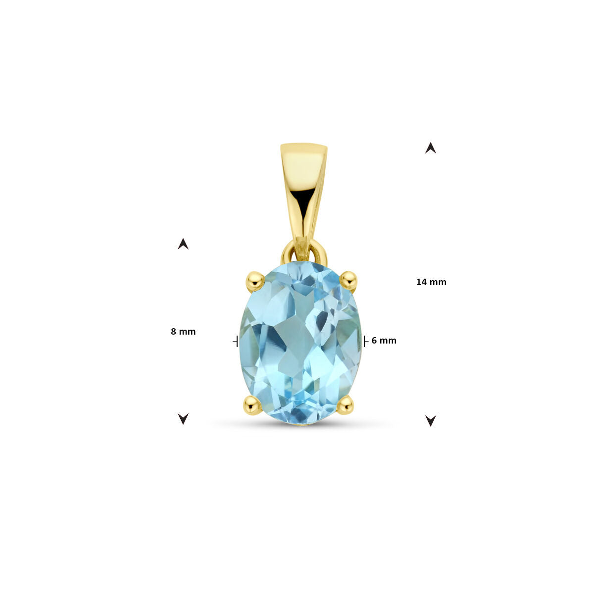 Van der Kooij Collectie hanger blauw topaas 14K geelgoud, ovaal geslepen edelsteen ca. 14x8x6 mm. Zwarte pijlen en maataanduidingen tonen de afmetingen. Stijlvol dames sieraad voor elke gelegenheid.