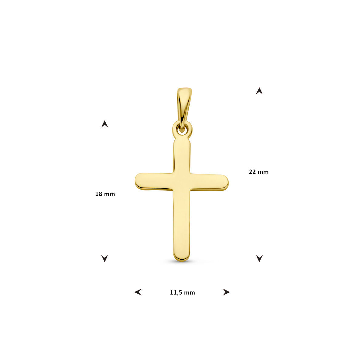 Het Van der Kooij Collectie hanger kruis 14K geelgoud heeft een gladde, gepolijste afwerking en is 22 mm hoog met de hanger, 18 mm zonder en 11,5 mm breed - ideaal voor elk religie thema. Afgebeeld tegen een witte achtergrond.