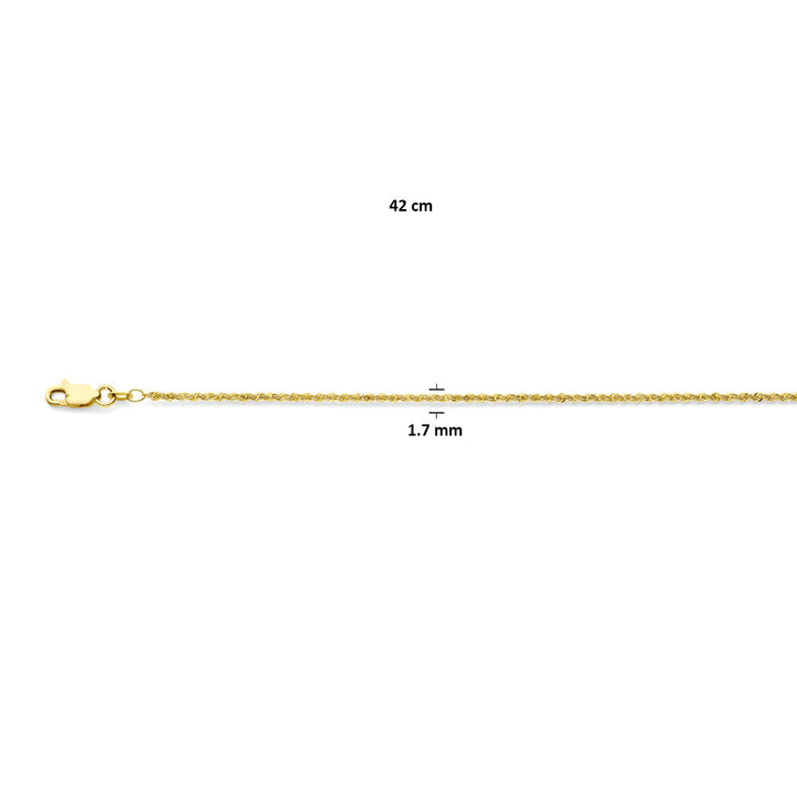 De Van der Kooij Collectie koord is een massief 14K geelgoud dames sieraad, 1,7 mm breed en 42 cm lang, met karabijn sluiting en maatlabels afgebeeld op een witte achtergrond.