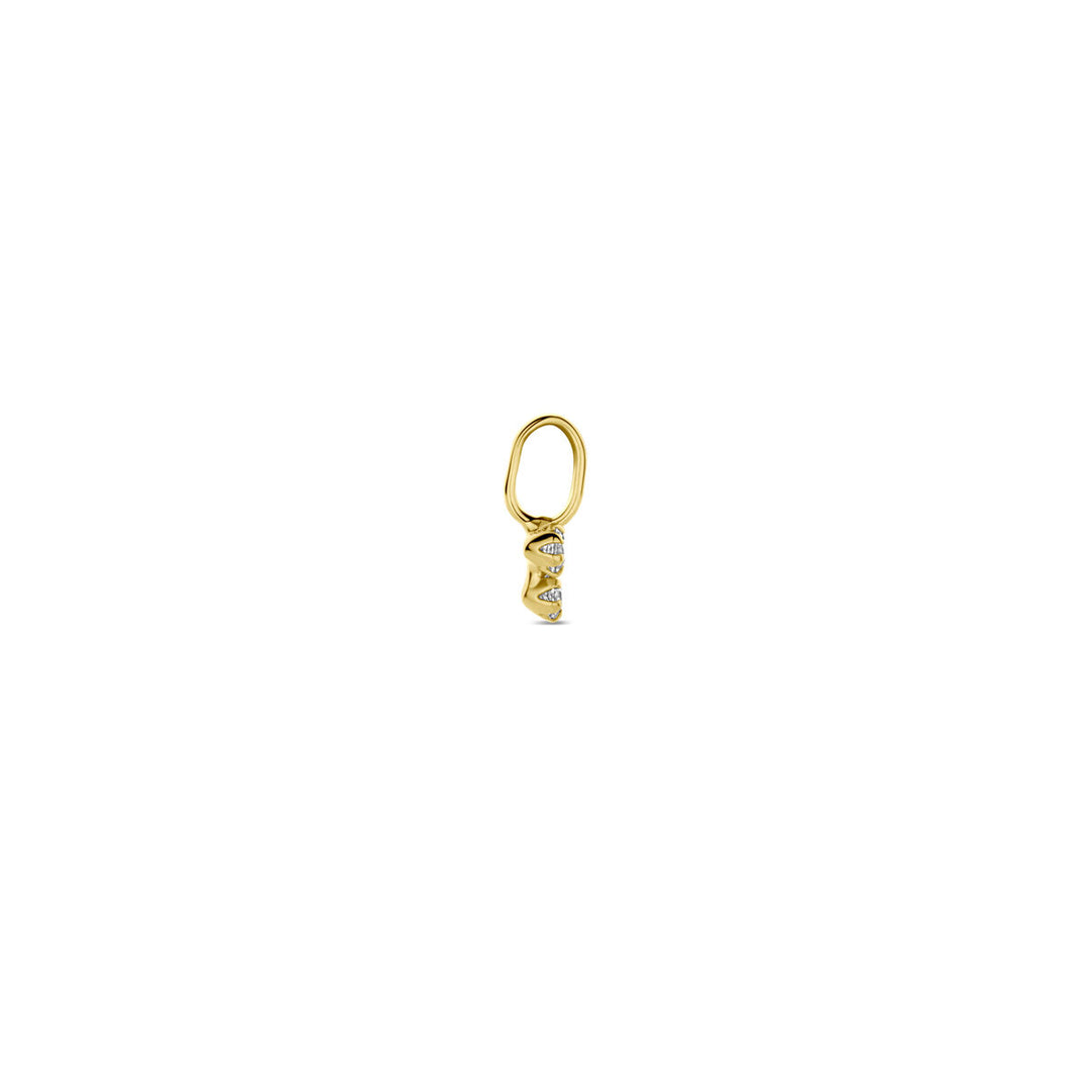 De Van der Kooij Collectie hanger zirkonia 9 mm 14K geelgoud heeft een lusvormige bovenkant, een cilindrisch draaiend ontwerp en sprankelende zirkonia-stenen - perfect voor damessieradencollecties. Gecentreerd weergegeven op een witte achtergrond.