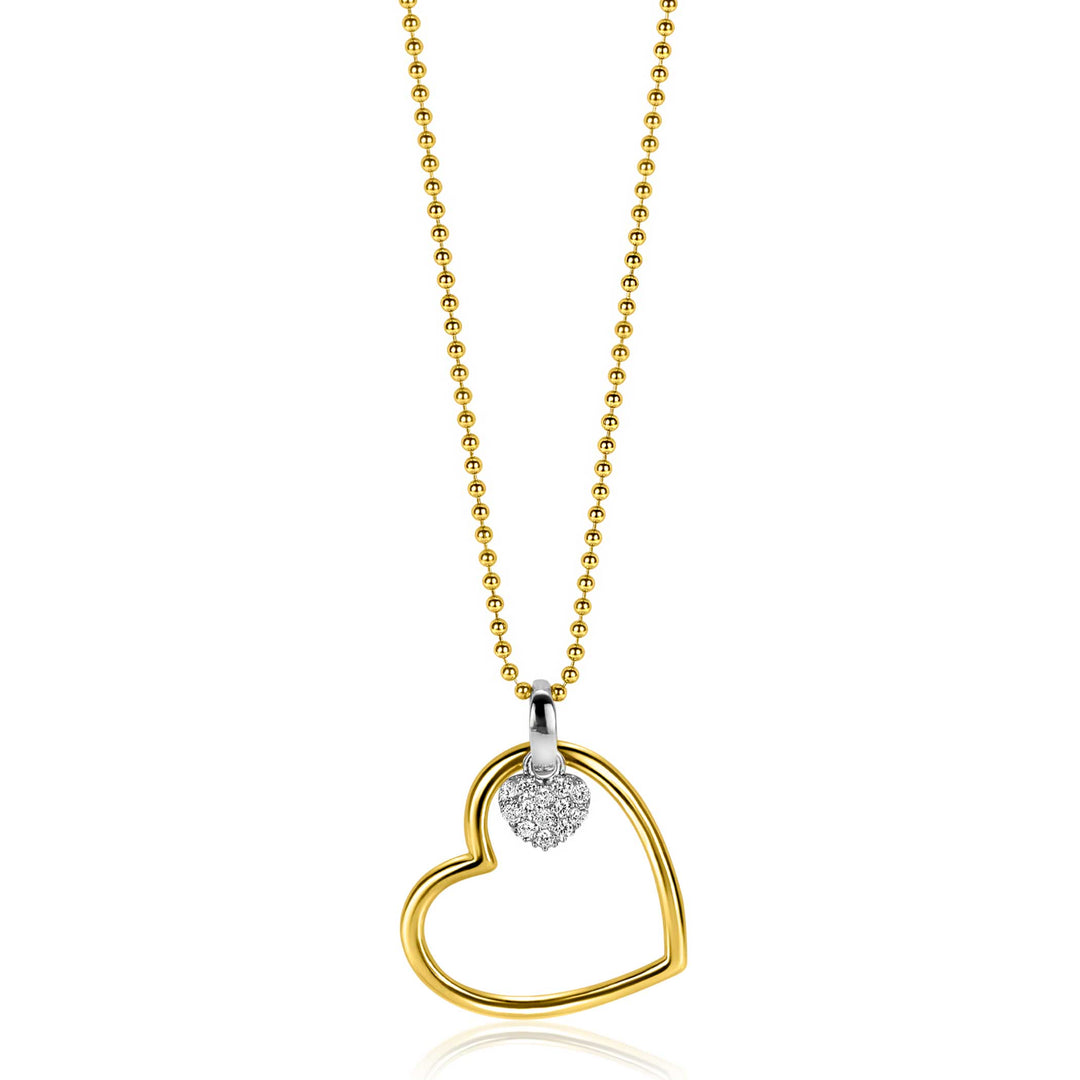 De Zinzi ketting ZIC2621 is een tweekleurige schakelketting met een gouden open harthanger en een zilveren, met diamanten bezette hartbedel, geïnspireerd op de elegante stijl van Zinzi. Verstelbare lengte: 45-48 cm.