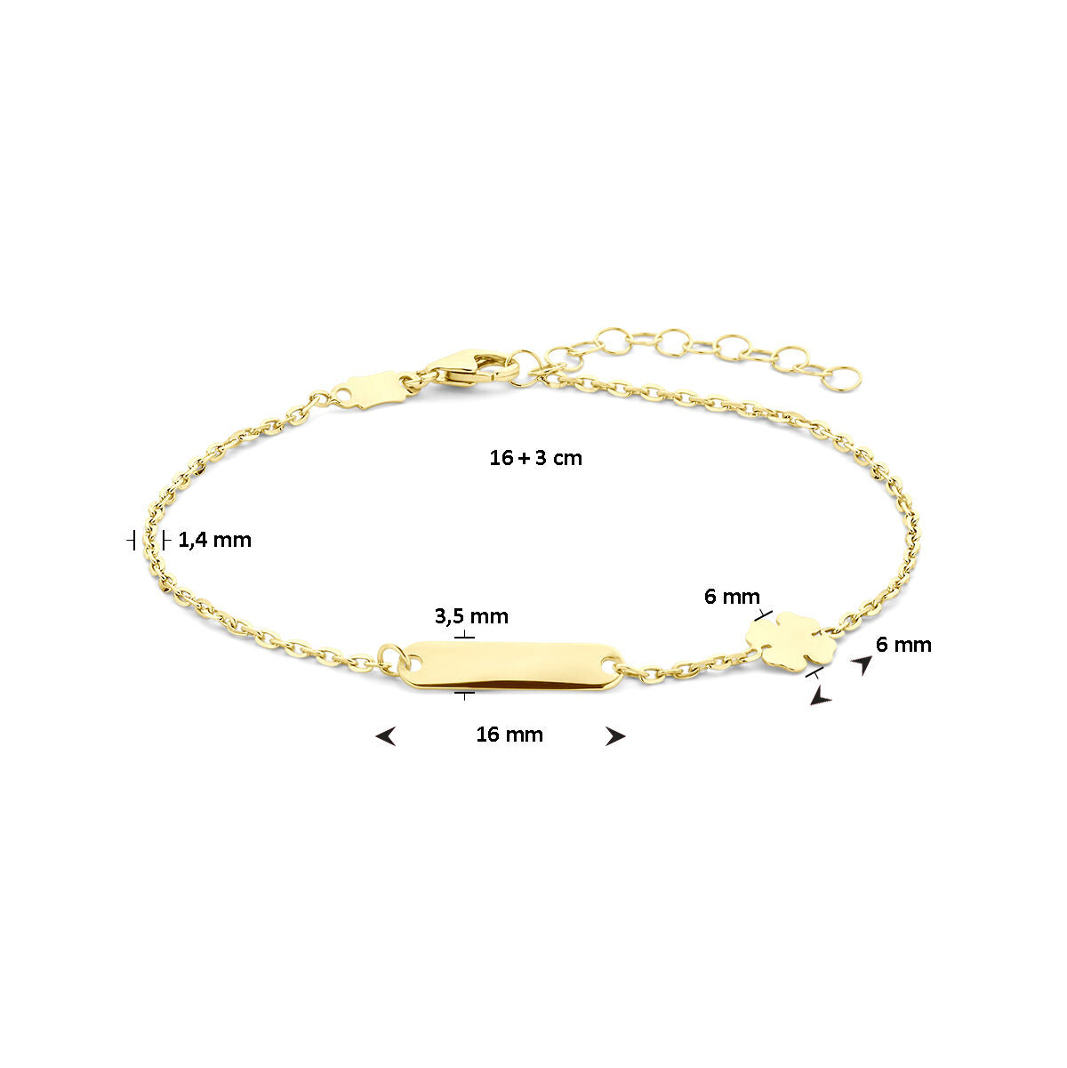 bransoletka grawerowana koniczyna płytka 3,5 mm 16 + 3 cm 14K żółte złoto
