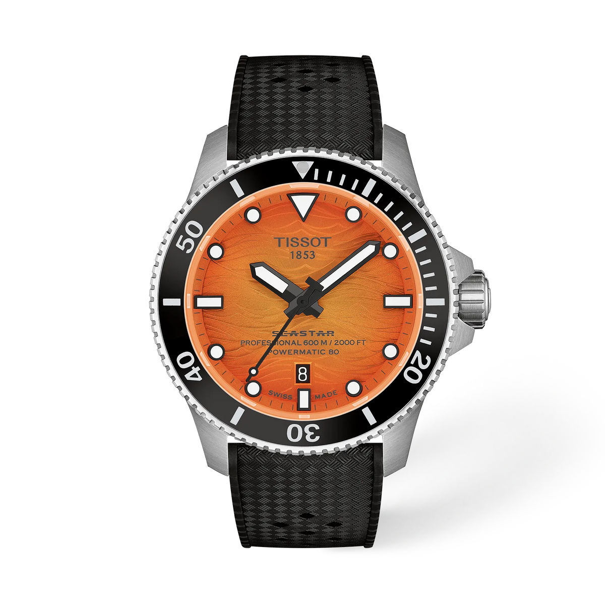 Zegarek Tissot Seastar 2000 o średnicy 44 mm, z pomarańczową tarczą, czarnym paskiem i stalową kopertą.
