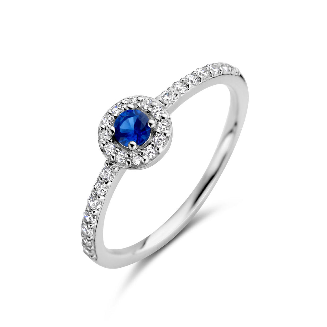 ring synth. saffier en zirkonia halo zilver gerhodineerd