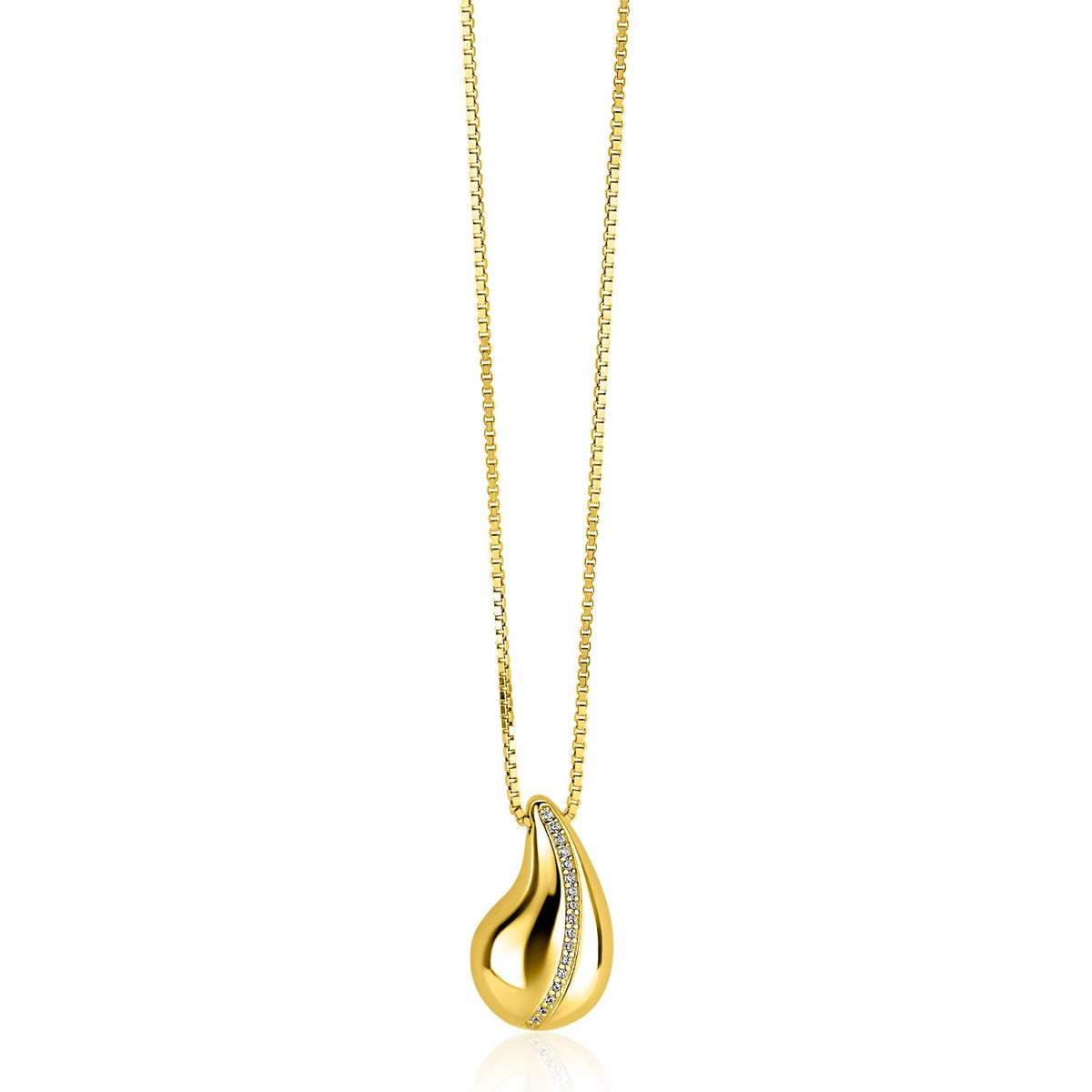 De Zinzi ketting verguld ZIC2707Y van Zinzi heeft een delicate doosketting met een druppelvormige hanger, aan één kant geaccentueerd door fonkelende witte zirkonia's.