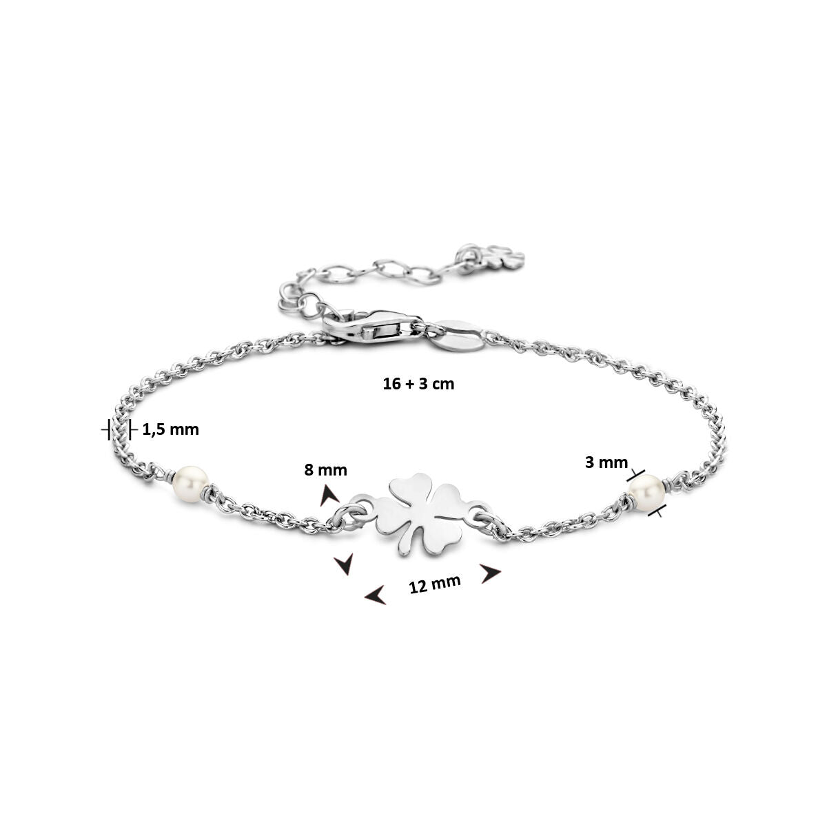 bransoletka z syntetyczną perłą i koniczyną 16 + 3 cm srebro rodowane