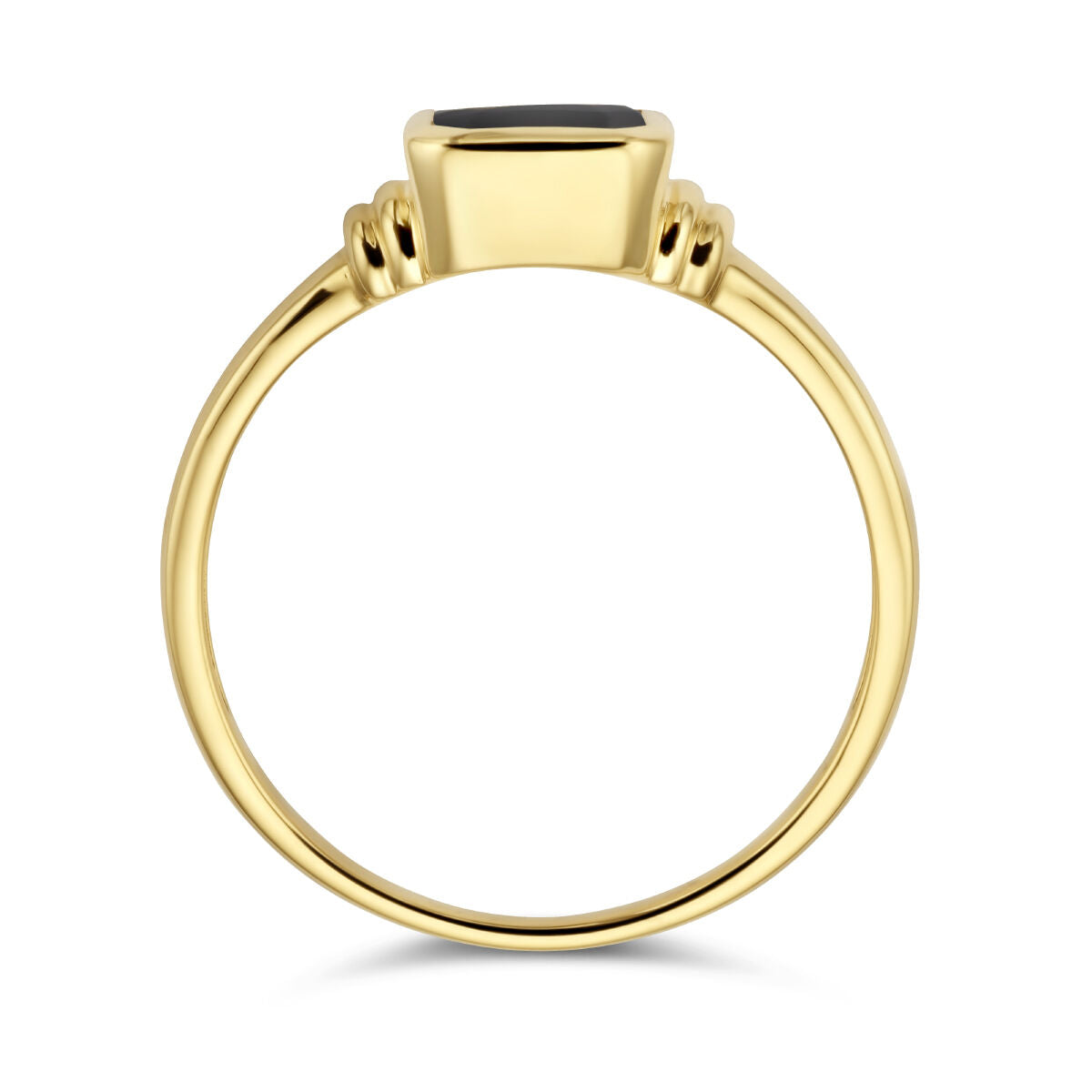 De Van der Kooij Collectie ring onyx 14K geelgoud heeft een dunne geelgouden band en een rechthoekige zwarte onyx edelsteen in een bezelzetting, van opzij gezien tegen een witte achtergrond.