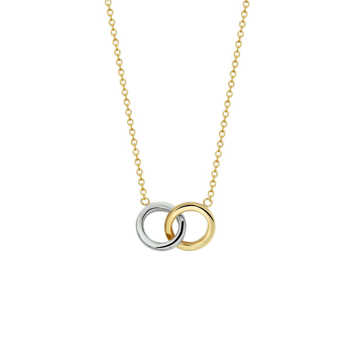 Bicolor collier van 14K goud met twee ringen in geel en wit, verstelbare lengte van 40 tot 44 cm.