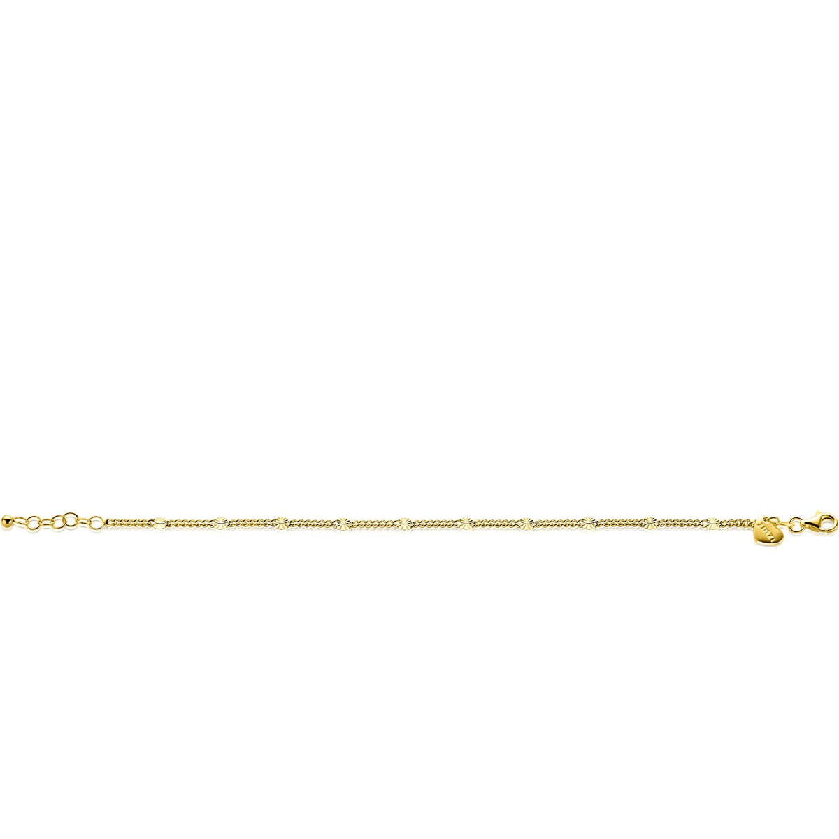 De Zinzi Armband verguld ZIA2713G is een delicate sterling 925 zilveren armband van Zinzi, met een gouden ketting met fijne textuur en een klein rond bedeltje bij de sluiting, afgebeeld op een effen witte achtergrond.