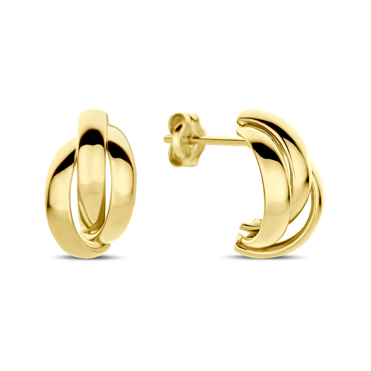 Kolczyki koła 14K złote o średnicy 13 mm z delikatnym, falistym wzorem.