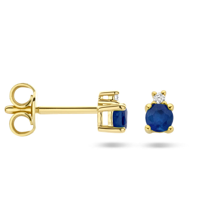 oorknoppen saffier en diamant 0.015ct (2x 0.0075ct) h p1 14K geelgoud