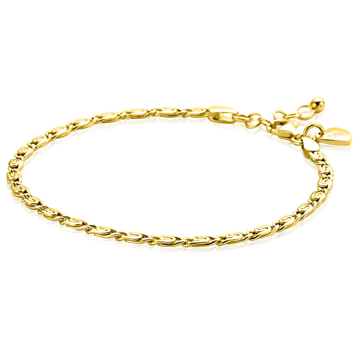 De Zinzi Armband verguld ZIA2712G heeft ingewikkelde vergulde schakels en een kleine hartvormige bedel bij de verstelbare sluiting, afgewerkt met een gepolijste glans en afgebeeld op een witte achtergrond.