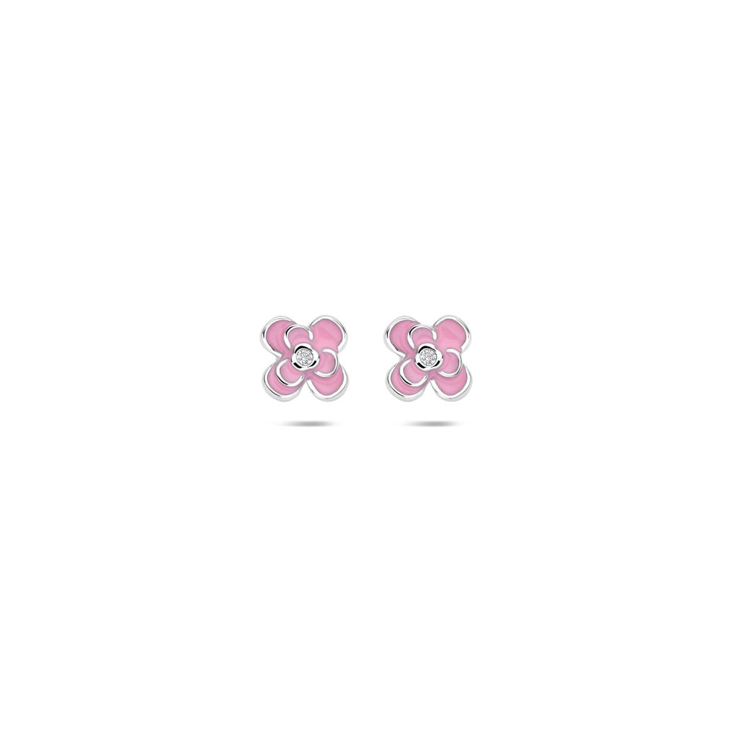 Zilveren oorknopjes met zirkonia en roze emaille – bloemdesign