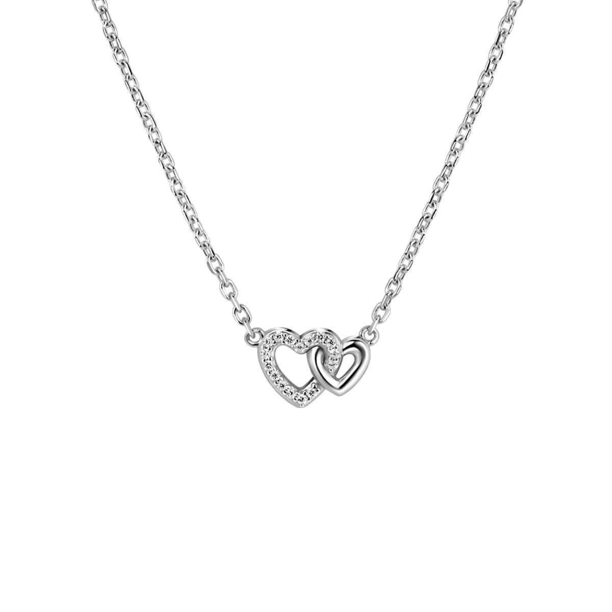 De Zinzi ketting Zilver ZIC2493 is een verfijnde zilveren ketting met twee hartjes als hanger, waarvan één met witte zirkonia's en de ander glad is. Geleverd door het merk Zinzi.
