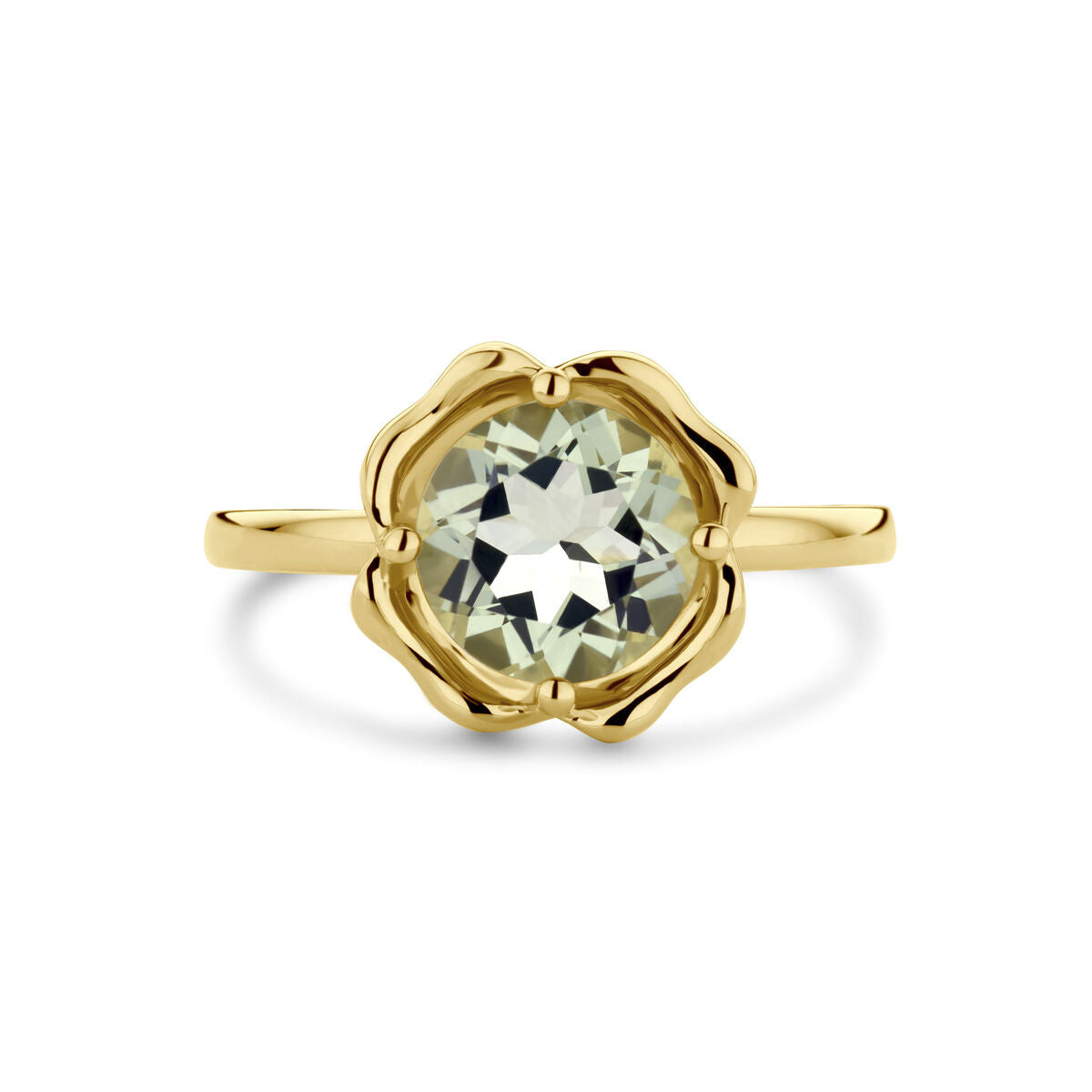 Een 14K geelgouden ring met groene amethist uit de Van der Kooij Collectie, gezeten in een specifieke, bloemvormige zetting.