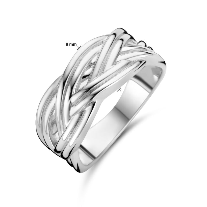 De Van der Kooij Collectie ring gevlochten zilver gerhodineerd is een damesring met een intricaat gevlochten patroon en een breedte van 8 mm, afgebeeld op een witte achtergrond.