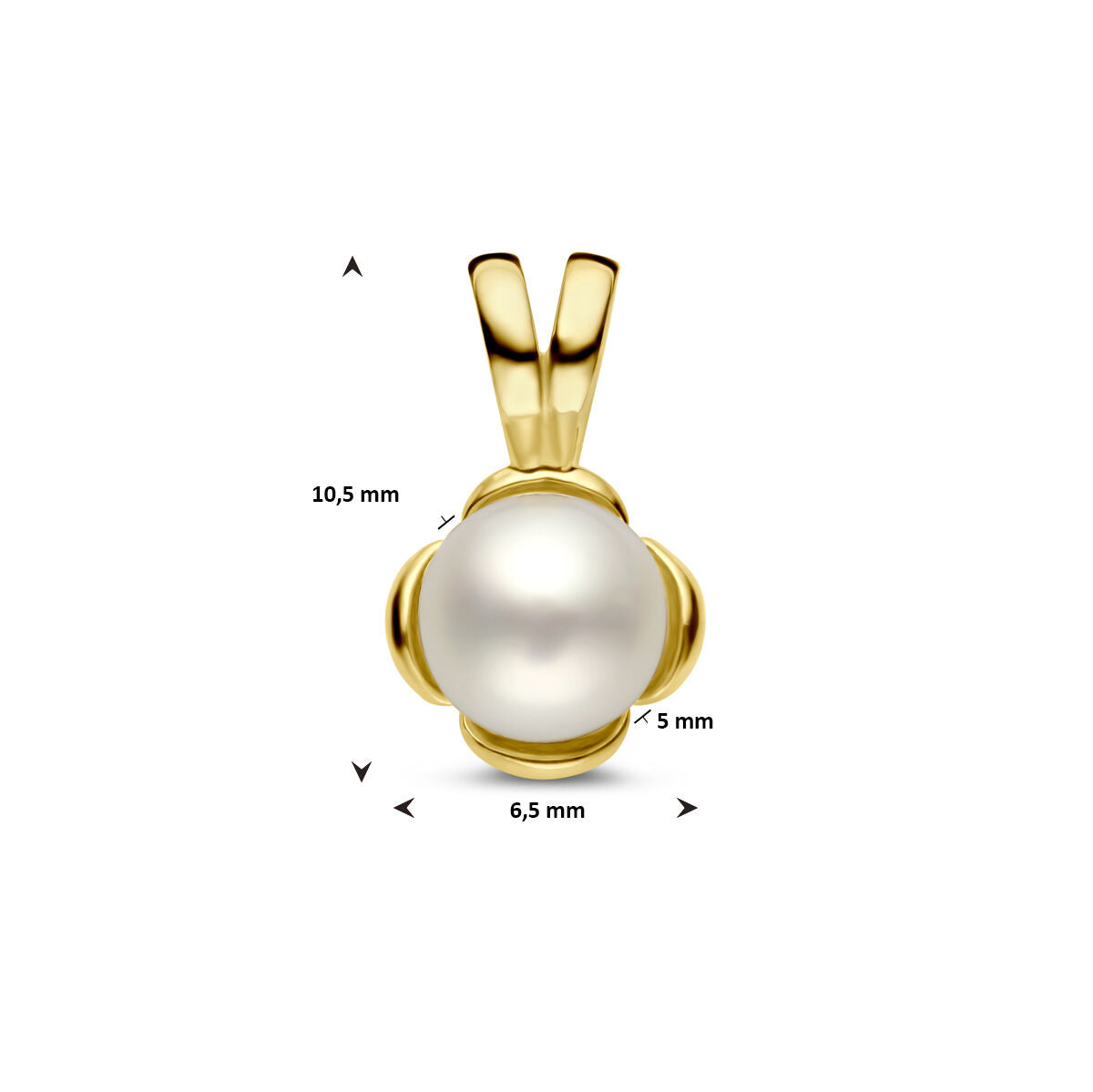 De Van der Kooij Collectie hanger bloem parel 14K geelgoud is een dames sieraad met een ronde witte zoetwaterparel, afmetingen 10,5 x 6,5 x 5 mm en een witte achtergrond.