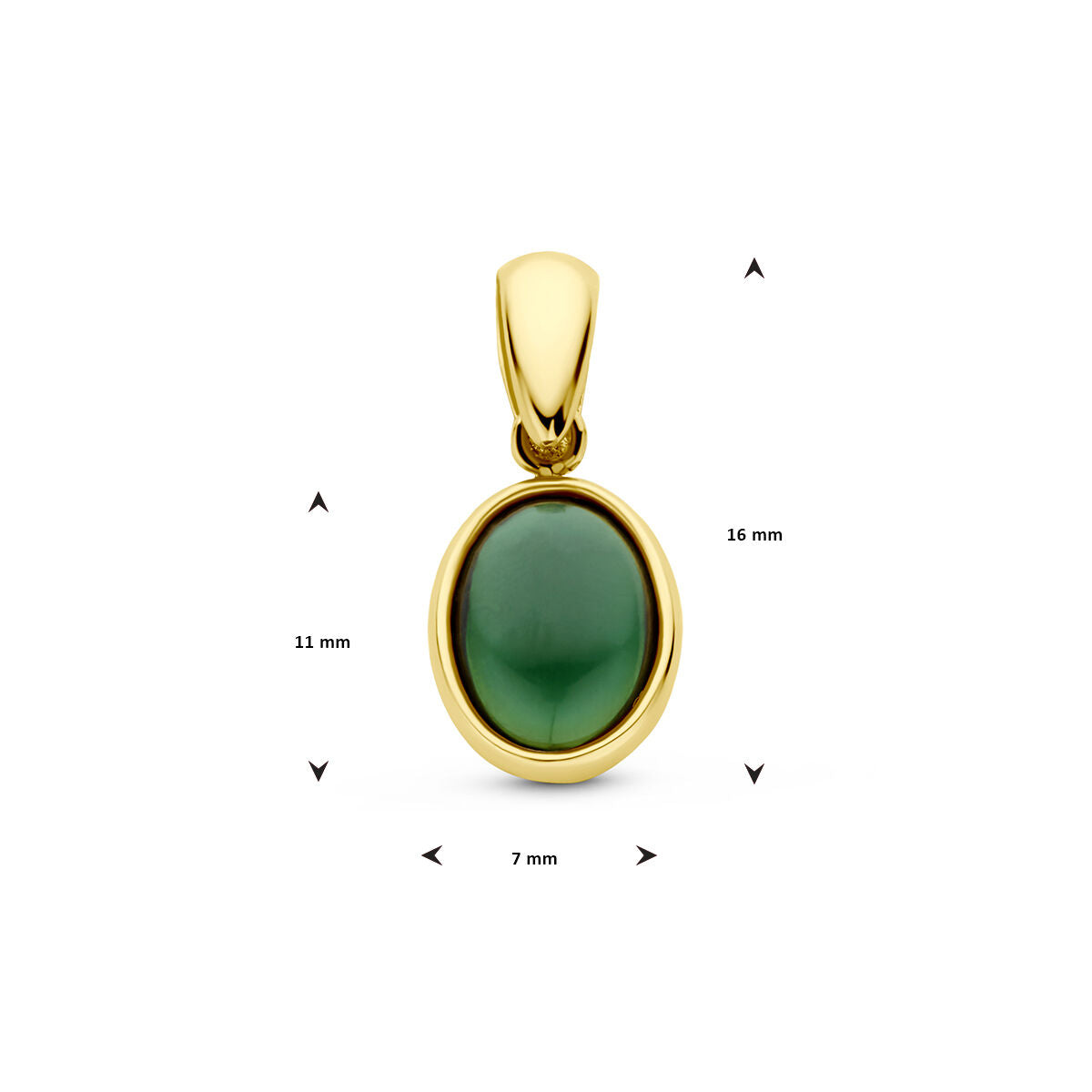 De Van der Kooij Collectie hanger groen toermalijn 14K geelgoud heeft een cabochon geslepen steen van 7 mm breed, de hanger zelf meet 16 mm hoog en 11 mm breed, getoond tegen een witte achtergrond.