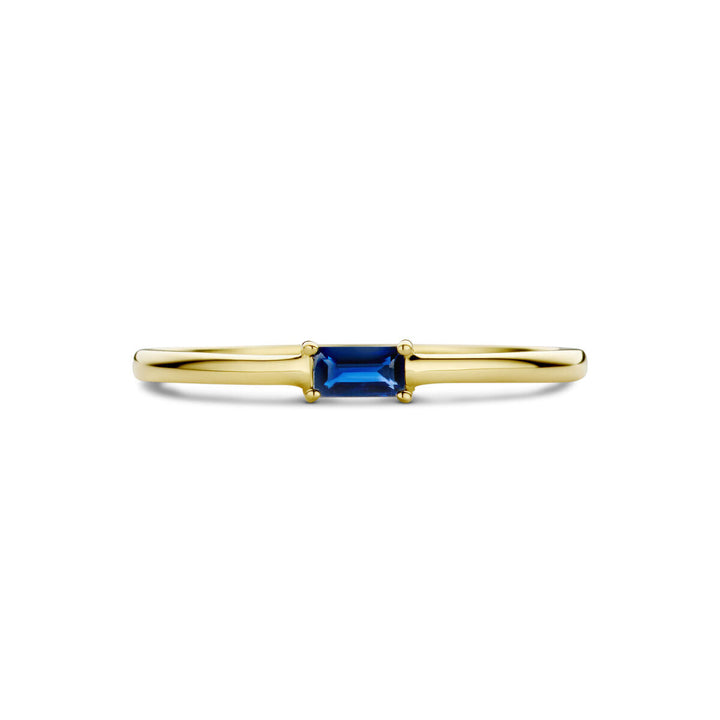 De Van der Kooij Collectie ring met geboortesteen saffier september is een slanke 14K geelgouden ring met een rechthoekige blauwe saffier, horizontaal gezet in het midden en gefotografeerd van voren tegen een witte achtergrond.