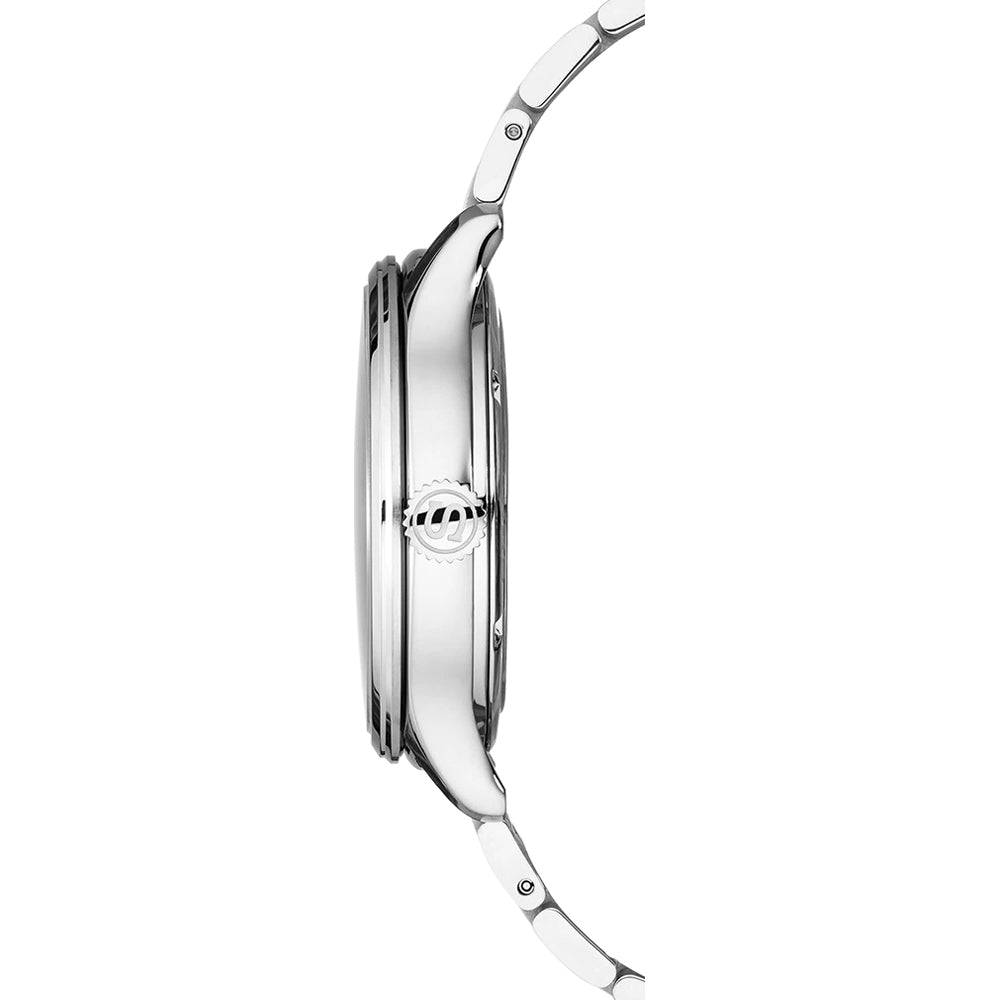 Zijaanzicht van het Seiko Presage heren horloge SRPE17J1, met zijn strakke zilveren design met een ronde kast en mesh band. De minimalistische stijl wordt benadrukt door de kroon en details uit de Presage collectie tegen een witte achtergrond, met een automatisch uurwerk voor precisie.