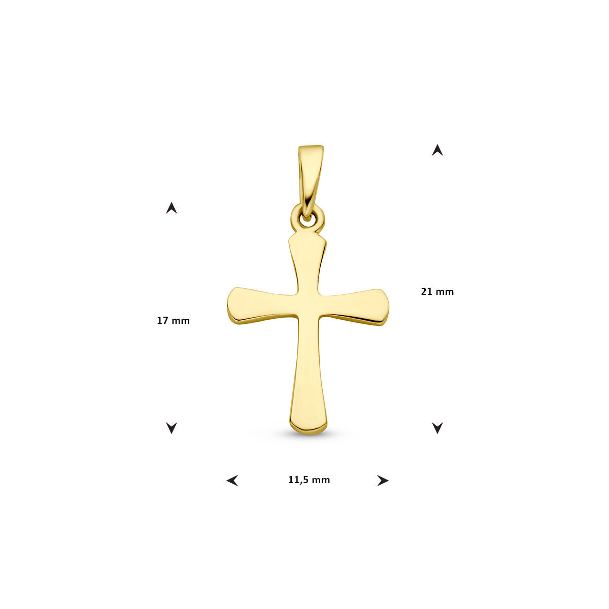 De hanger kruis 14K geelgoud uit de Van der Kooij Collectie met afgeronde randen is te zien tegen een witte achtergrond. Het elegante sieraad meet 21 mm hoog, 17 mm breed en 11,5 mm aan de basis, met meetpijlen erbij.