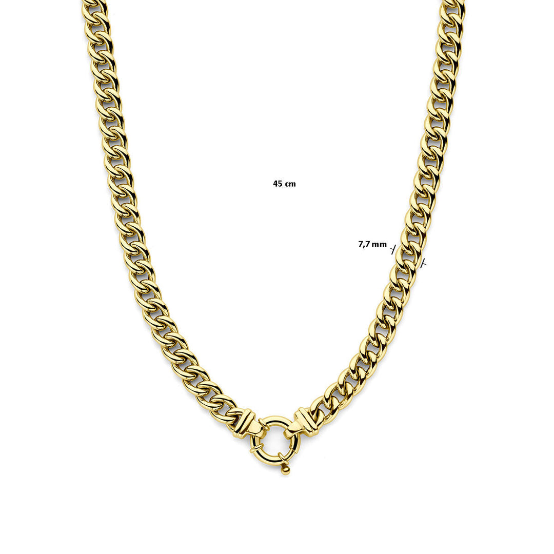 De Van der Kooij Collectie collier gourmette (7,7 mm, 45 cm) in 14K geelgoud met groot springslot wordt elegant gepresenteerd op een witte achtergrond.
