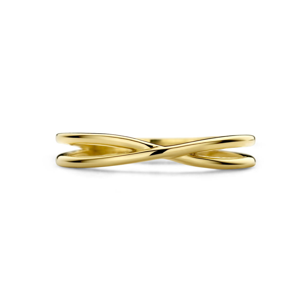 De Van der Kooij Collectie chromosomenring 14K geelgoud is een dun, minimalistisch kriskras ontwerp met twee overlappende banden. Getoond op een effen witte achtergrond, benadrukt het de tijdloze stijl en verfijnde elegantie.