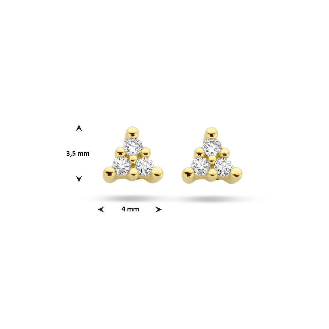 Van der Kooij Collectie oorknoppen diamant 0,05ct (2x 0,025ct) h p1 in 14K geelgoud: kleine studs met drie rondjes als cluster, afmetingen 3,5 mm hoog en 4 mm breed, op een witte achtergrond.