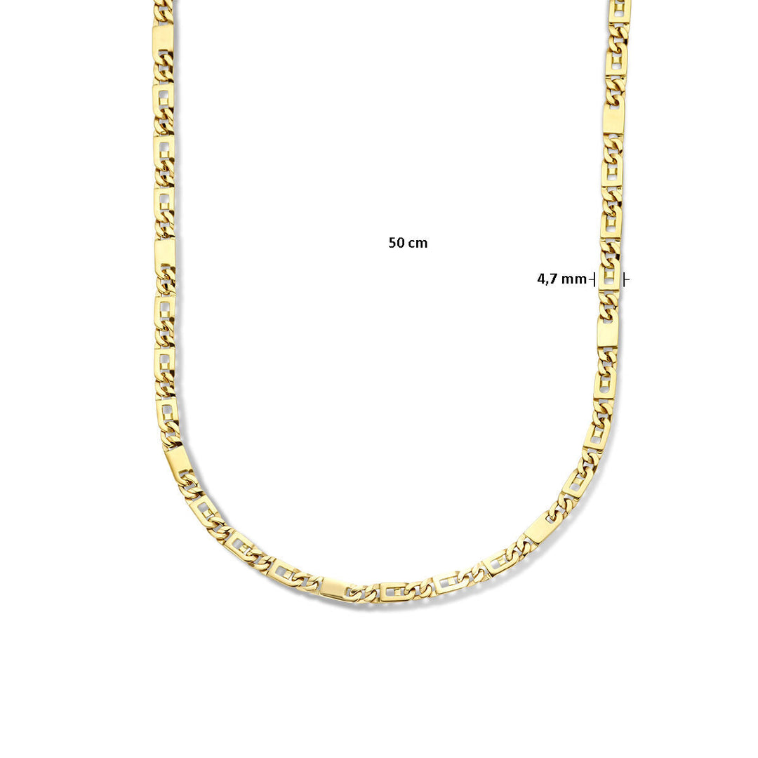 Gouden ketting heren - collier valkenoog 4,7 mm 14K van Van der Kooij Collectie, 50 cm lang met rechthoekige schakels; demonstratie tegen een witte achtergrond met maataanduiding—robuust en elegant.