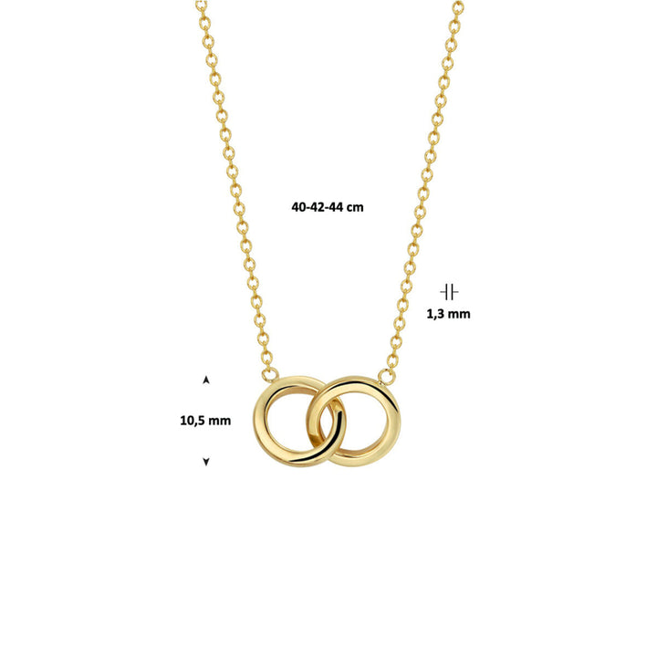 De Van der Kooij Collectie collier rondjes is een dames sieraad in 14K geelgoud met twee ronde hangers. Het anker collier is 10,5 mm breed en verstelbaar op 40, 42 of 44 cm.
