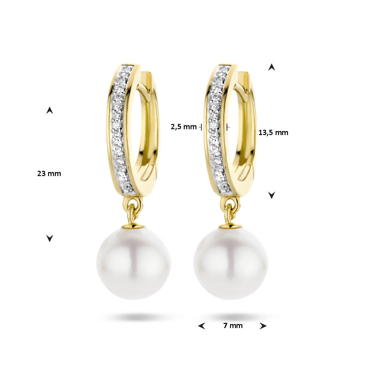 klapoświnki perła i diament 0.08ct (2x 0.04ct) h si bicolor wbijane 14K żółte złoto