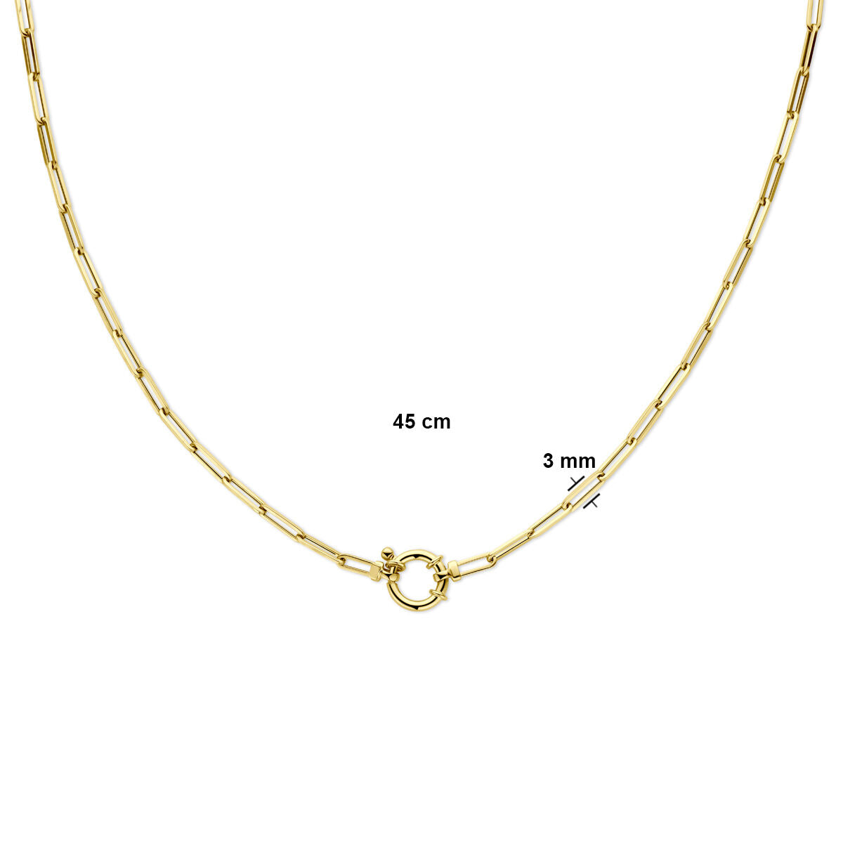 De Van der Kooij Collectie collier paperclip vierkante buis 3,0 mm 45 cm met groot springslot in 14K geelgoud is een elegante dames sieraad, afgebeeld op een witte achtergrond met maatlabels.