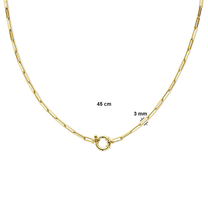 De Van der Kooij Collectie collier paperclip vierkante buis 3,0 mm 45 cm met groot springslot in 14K geelgoud is een elegante dames sieraad, afgebeeld op een witte achtergrond met maatlabels.