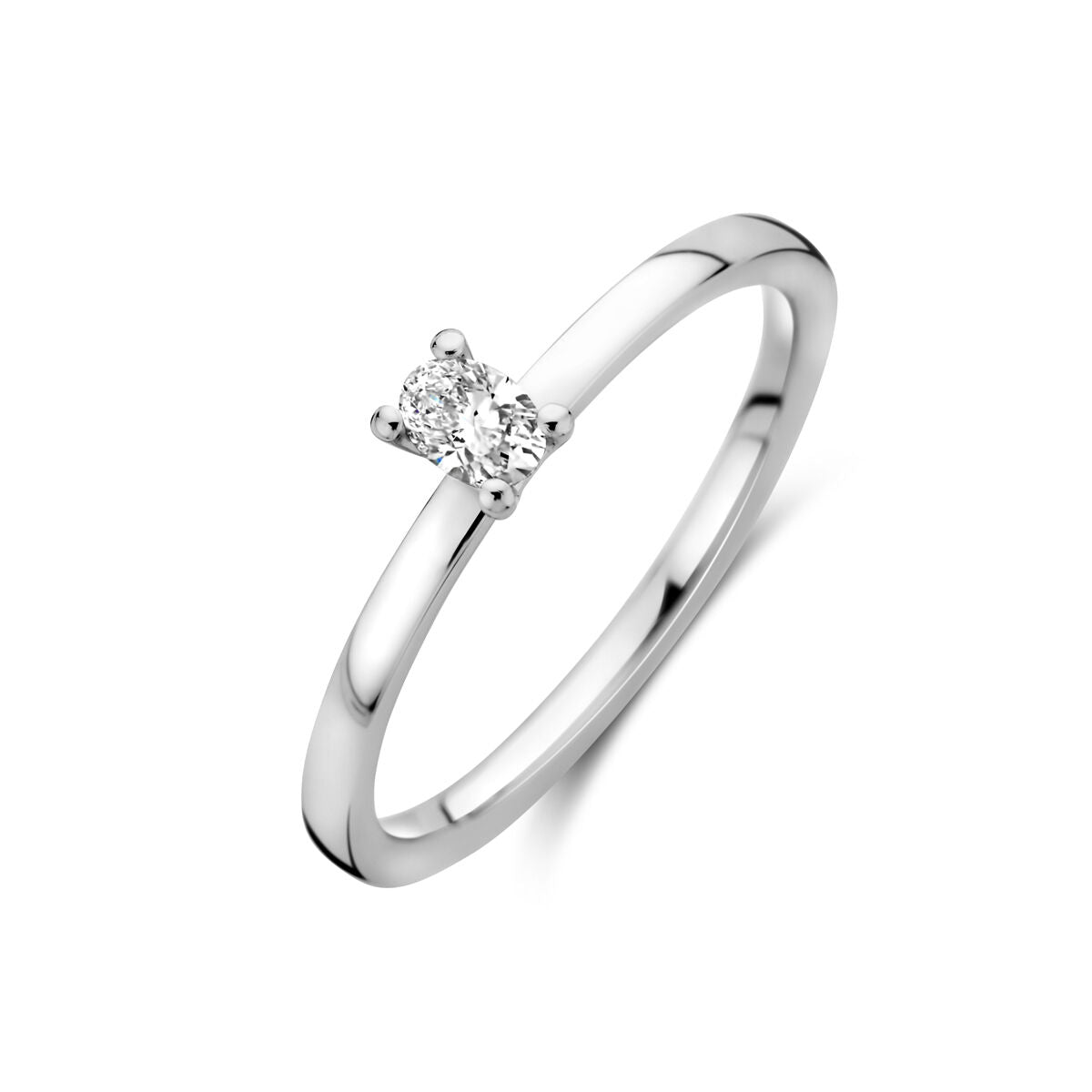 Platina ring met een solitaire diamant van 0,15 ct, met een glanzende afwerking.